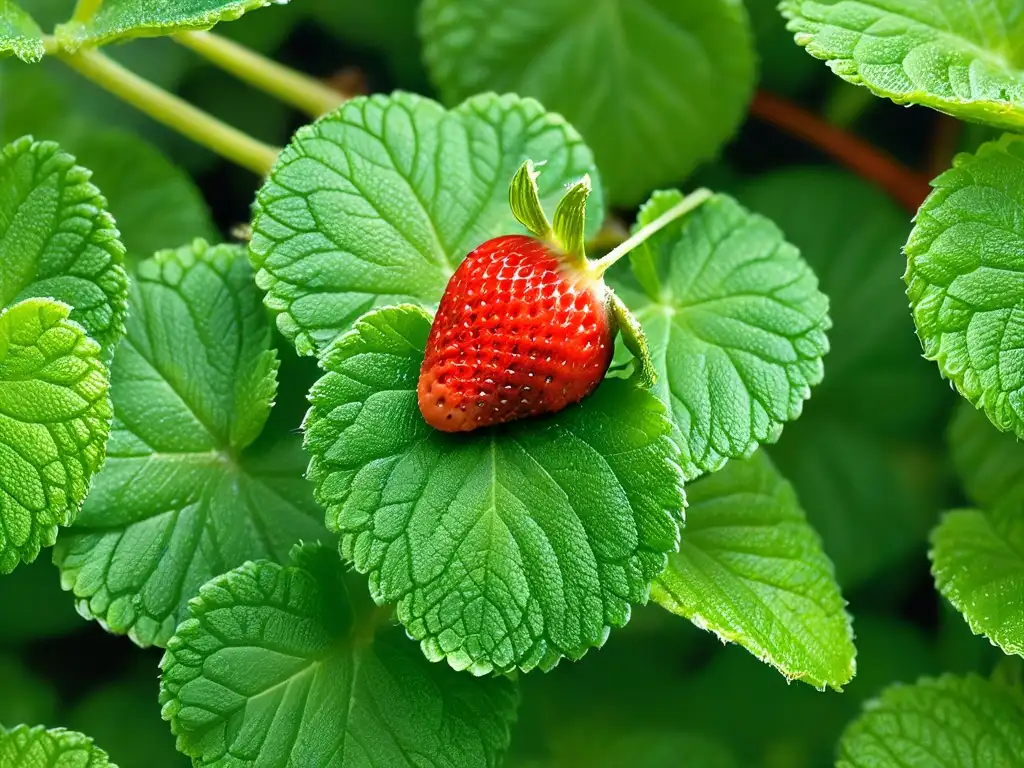 Detalle de una fresa madura sobre hojas de menta fresca