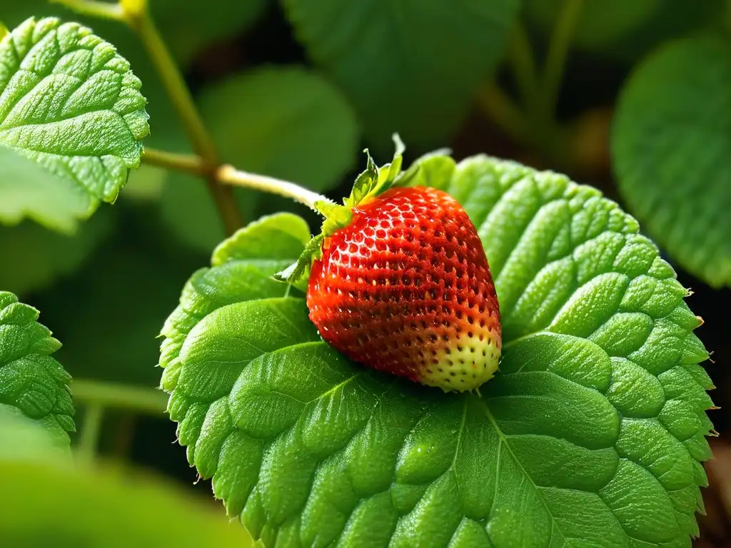Delicada fresa madura rodeada de hojas verdes vibrantes Detalle de una fresa madura rodeada de hojas verdes, resaltando sus semillas y texturas