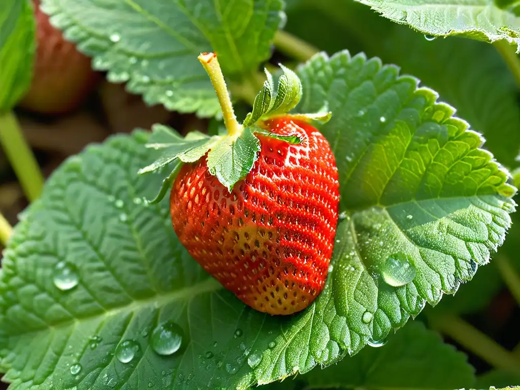 Detalle de una fresa roja y jugosa sobre hojas de menta fresca