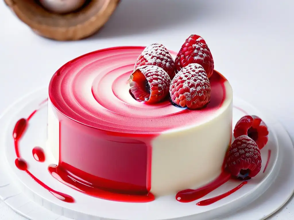 Detalle de gel de frambuesa sobre panna cotta, resaltando geles en repostería creativa