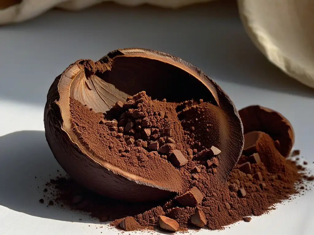 Detalle de un grano de cacao abierto, con polvo de cacao oscuro fino