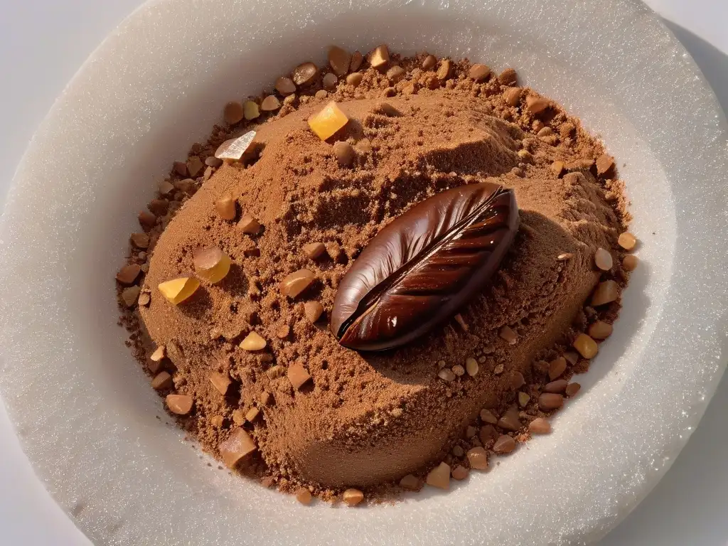 Detalle de un grano de cacao sobre azúcar cruda, una composición visual que encarna el Comercio Justo en repostería sostenible