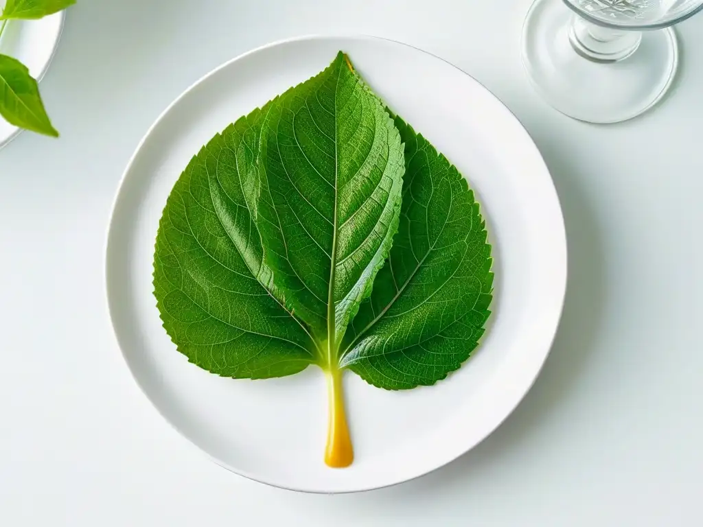 Detalle de hoja de amaranto en postres modernos: fusión de naturaleza y diseño contemporáneo en un plato blanco brillante