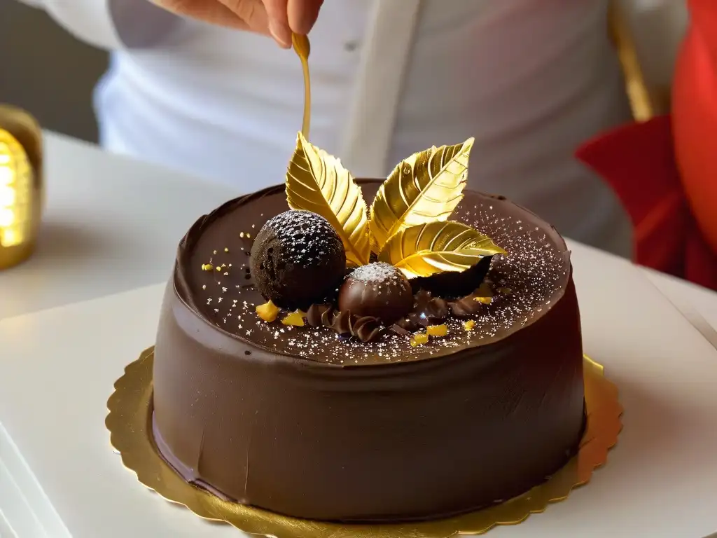 Detalle de hoja de oro sobre trufa de chocolate, precisión y lujo en decoraciones comestibles postres alta gama