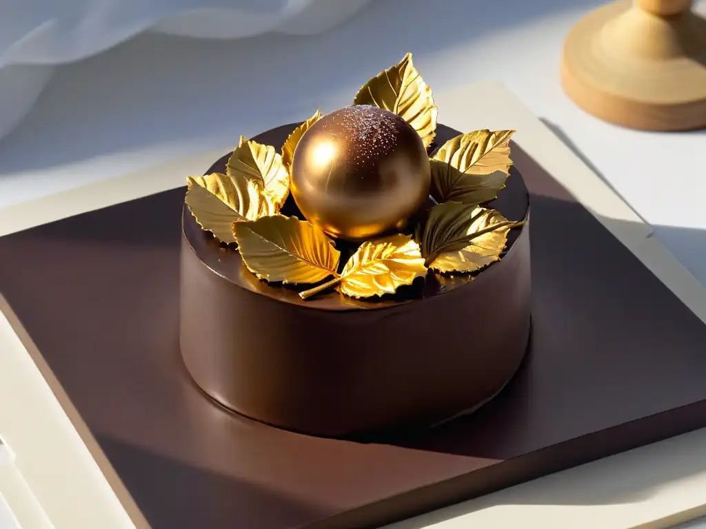 Detalle de hoja de oro sobre trufa de chocolate, equilibrio entre elegancia y indulgencia en repostería con oro comestible