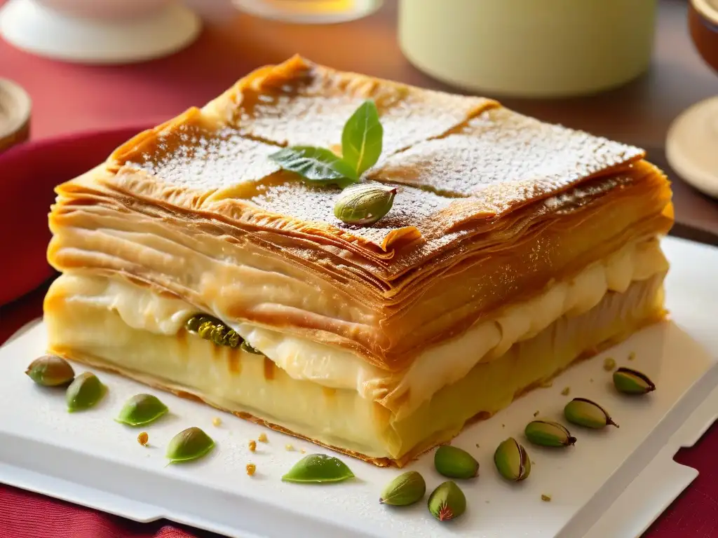 Detalle impresionante de Baklava auténtica: capas de hojaldre dorado, miel, pistachos y canela