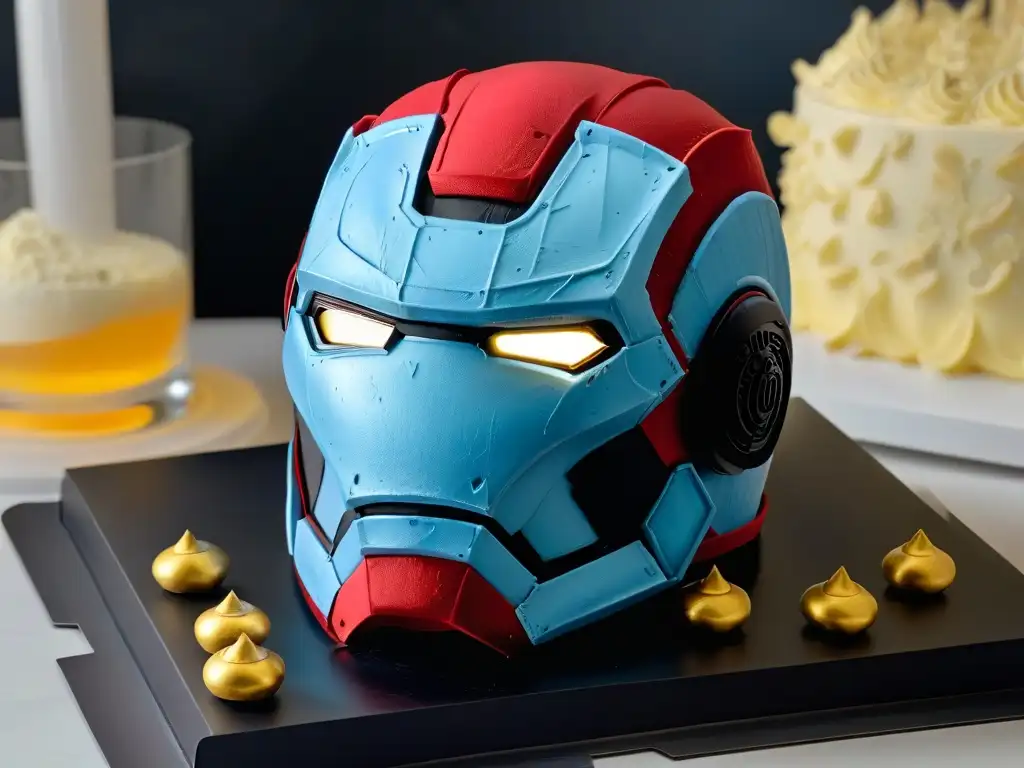 Detalle impresionante de casco Iron Man esculpido en pastel de terciopelo rojo, con detalles comestibles dorados y plateados