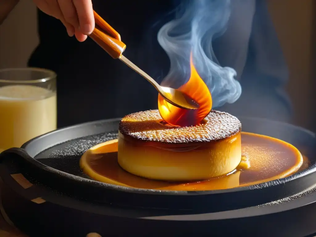 Detalle impresionante de una crème brûlée dorada siendo quemada, mostrando la comparación caramelización Maillard en repostería