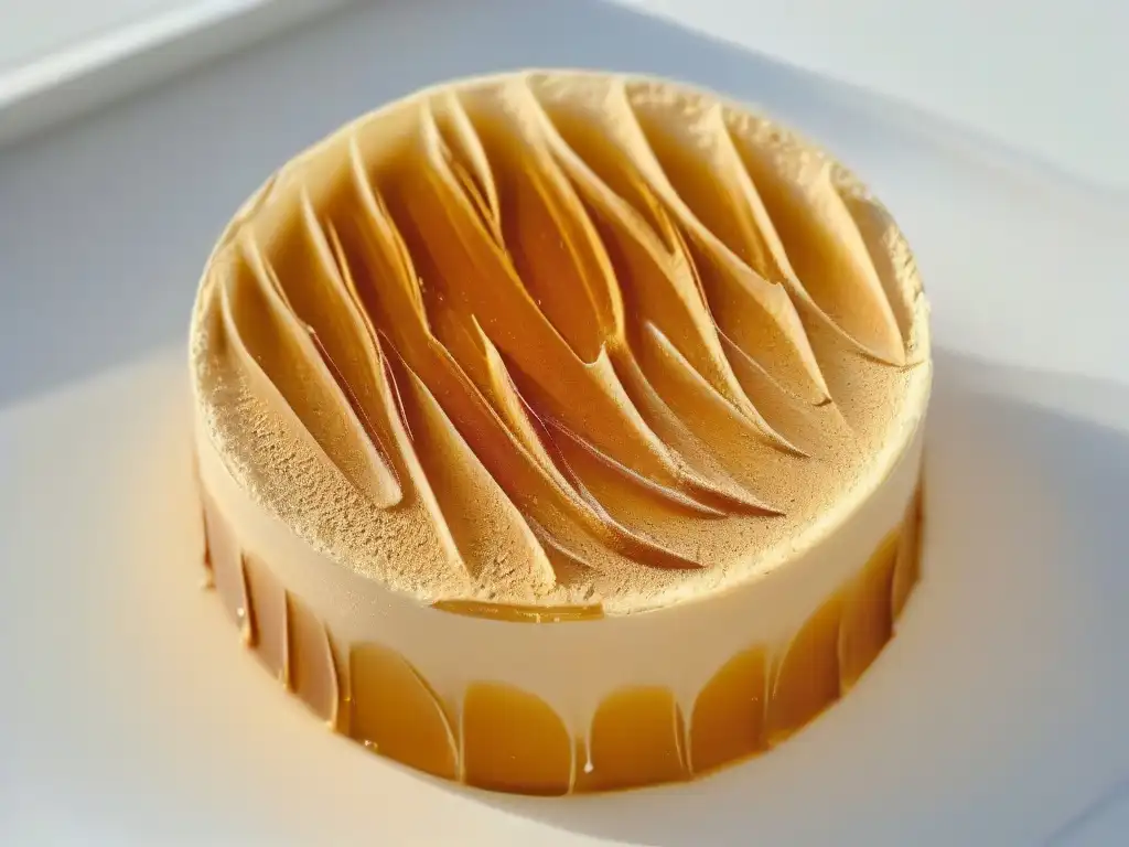 Detalle impresionante de un cristal de azúcar en un glaseado de caramelo, realzando la química en postres gourmet