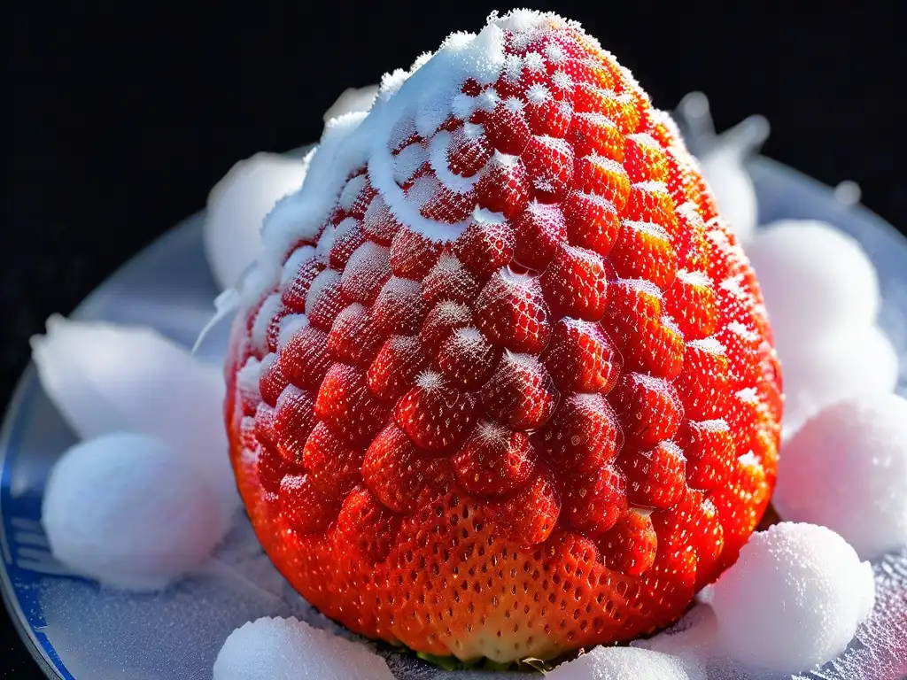 Detalle impresionante de cristales de hielo en una fresa congelada, resaltando la precisión de las técnicas de liofilización en repostería