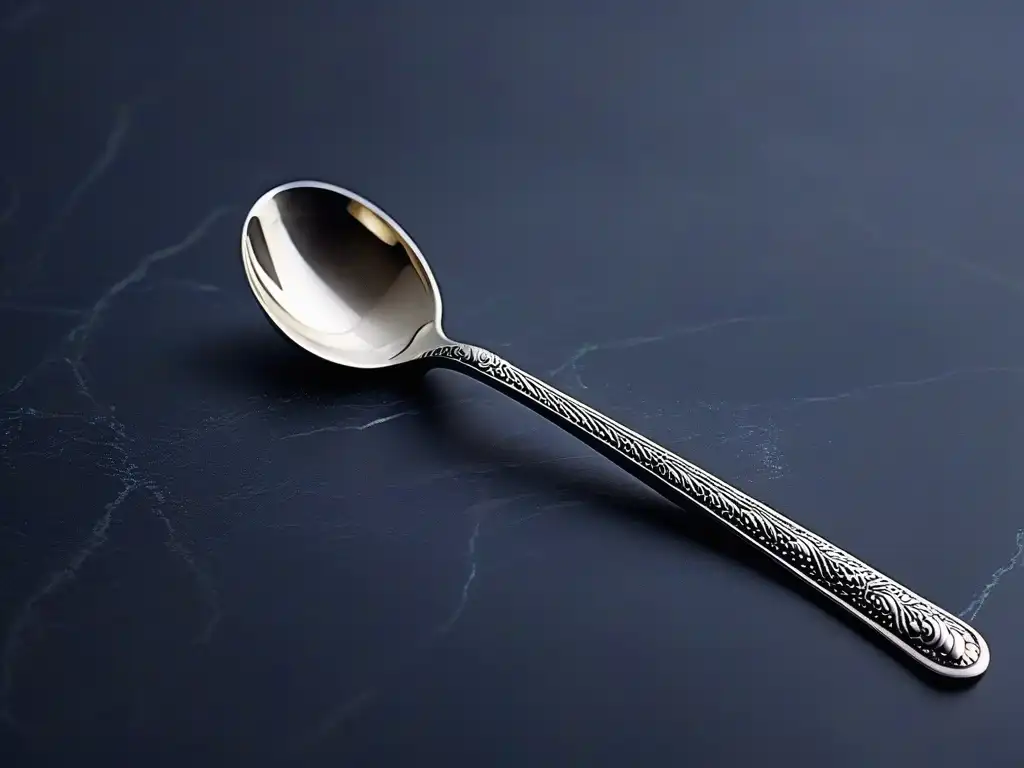 Detalle impresionante de una cucharita de caviar plateada sobre encimera de mármol negro pulido