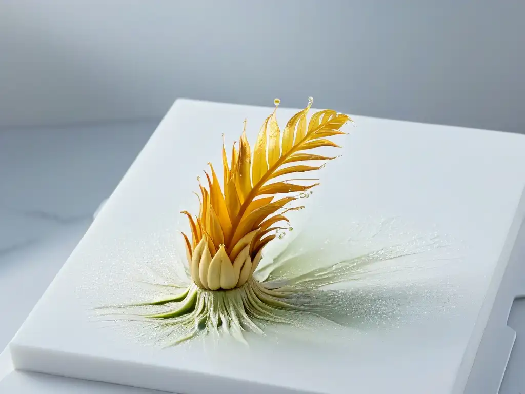 Detalle impresionante de una raíz de cúrcuma dorada con gotas de agua