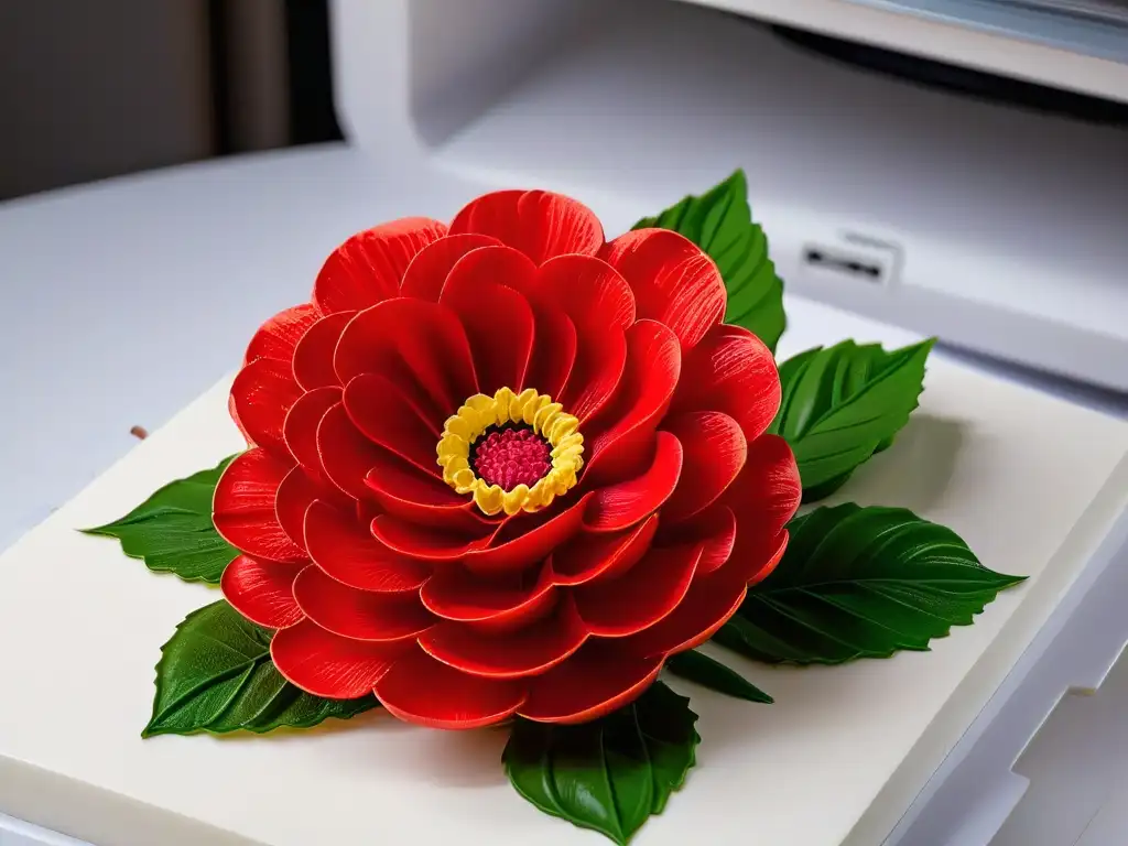 Detalle impresionante de una flor de azúcar creada con impresión 3D para repostería sostenible