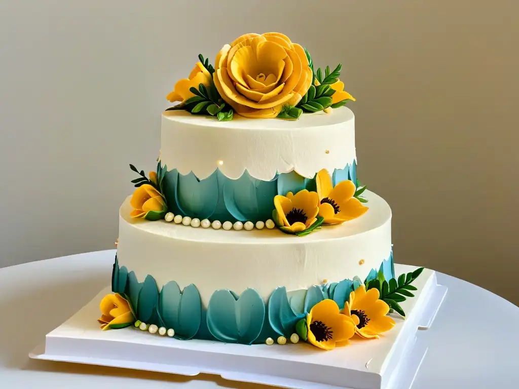 Detalle impresionante de flor de fondant en pastel de bodas de tres pisos, resaltando colores vibrantes