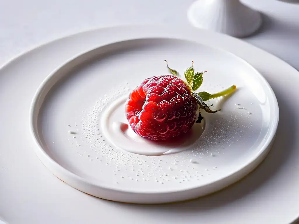 Detalle impresionante de frambuesa roja brillante en plato blanco, goteando