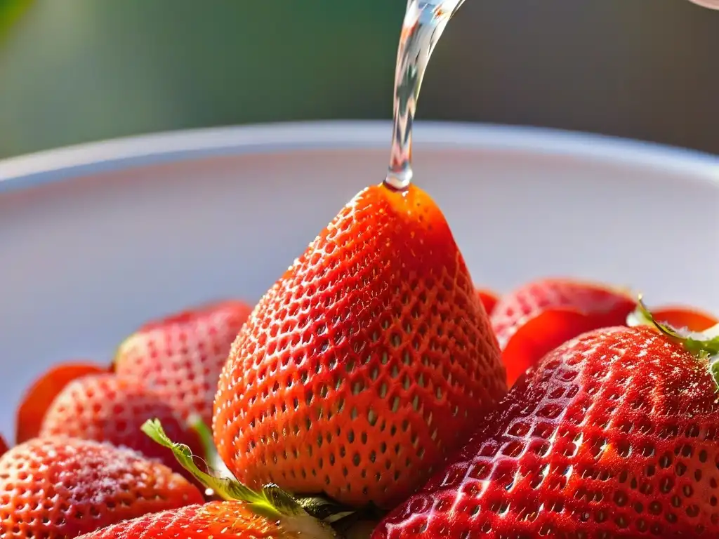 Detalle impresionante: gota de agua sobre fresa roja, resaltando la Importancia del agua en repostería