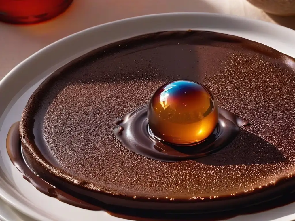 Detalle impresionante de una gota de agua sobre un brilloso glaseado de chocolate