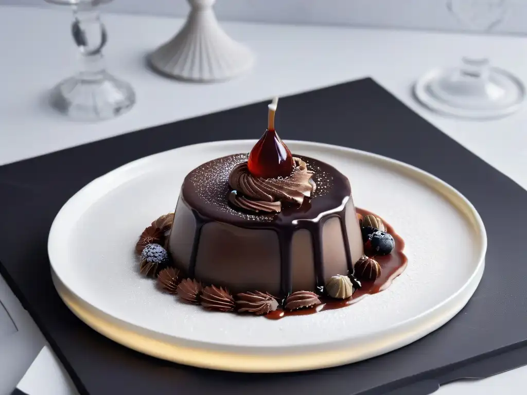 Un detalle impresionante: una gota de salsa de chocolate sobre un plato blanco impecable