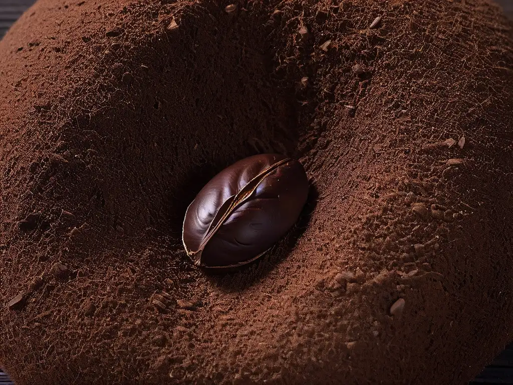 Detalle impresionante de un grano de cacao, destacando sus texturas y tonos marrones bajo luz natural