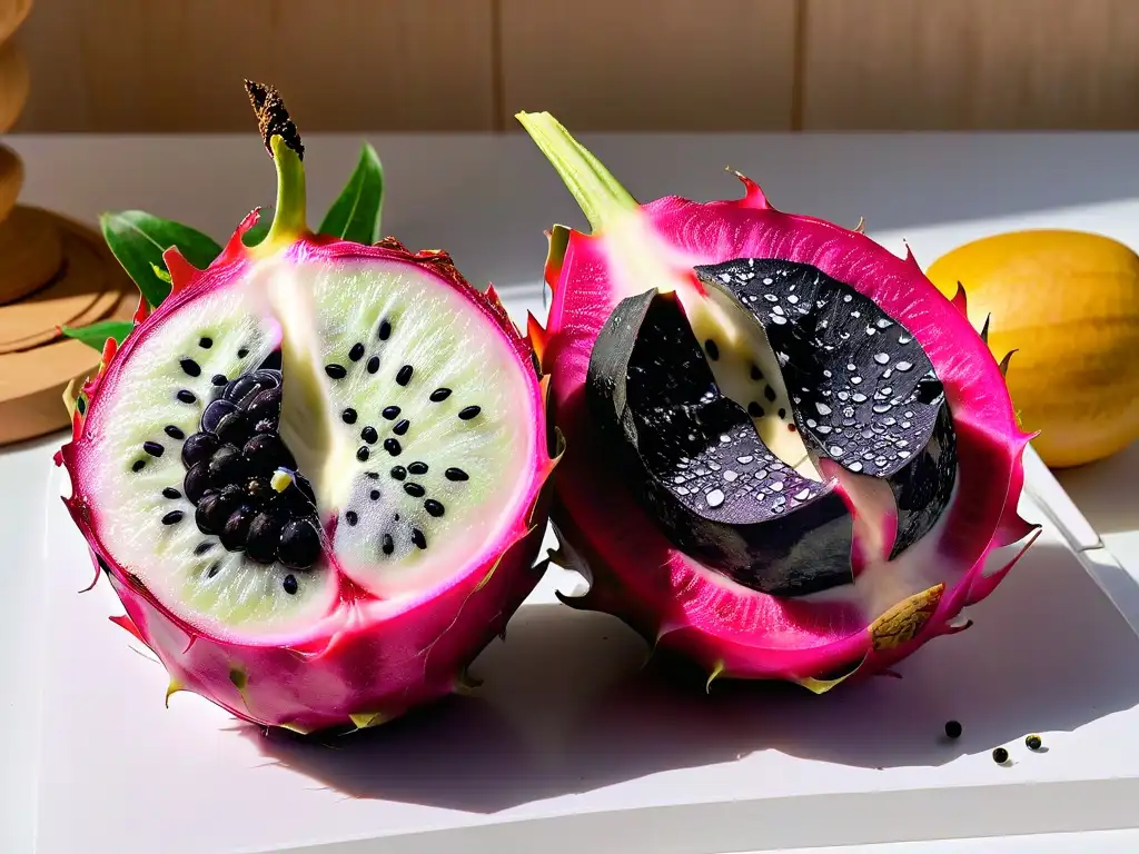 Detalle impresionante de pitahaya morada, con su pulpa blanca y semillas negras