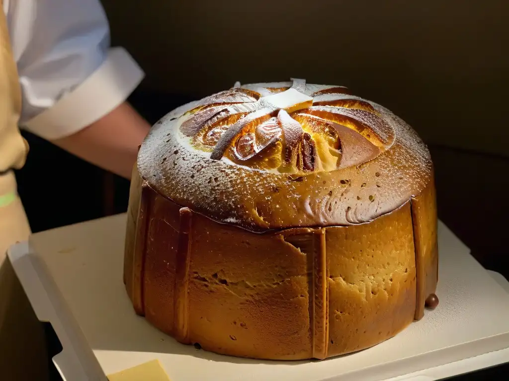 Detalle impresionante de un panettone perfectamente horneado, con corteza dorada brillante y patrones únicos