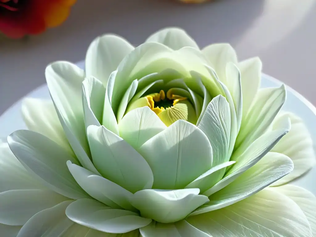 Detalle impresionante de pétalos de flores de azúcar esculpidos con maestría, destacando la destreza del artista