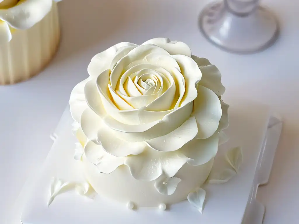 Detalle impresionante de una rosa de azúcar sobre un cupcake blanco