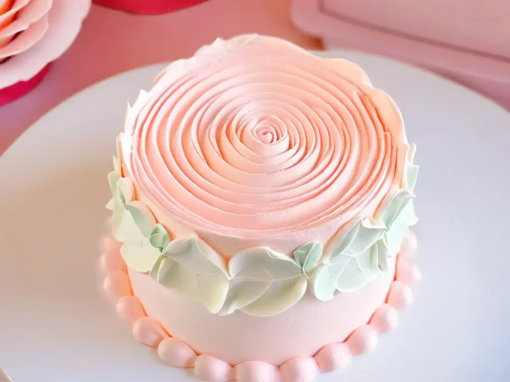 Detalle impresionante de una rosa de buttercream rosa, ideal para concursos de repostería