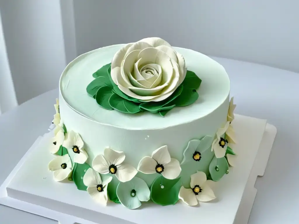 Detalle impresionante de una rosa de fondant en un pastel de bodas blanco impecable