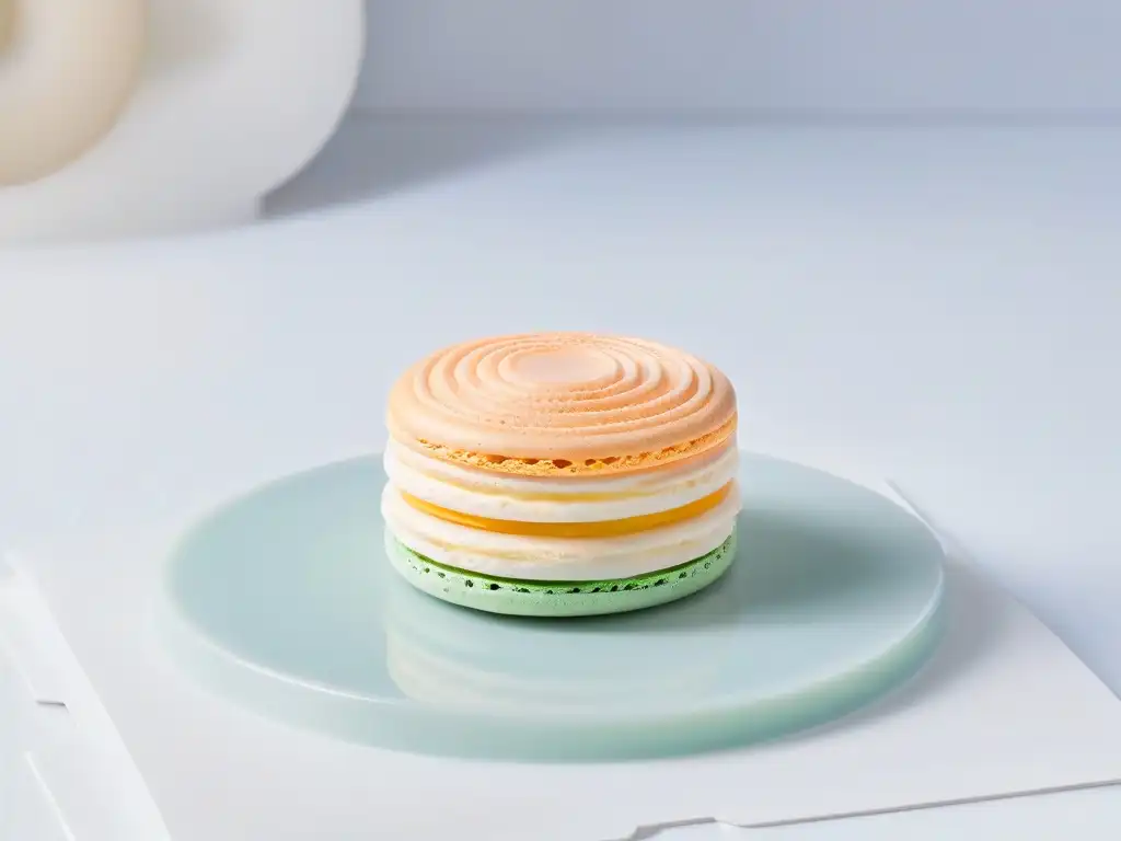 Detalle impresionante de un macaron perfectamente suave y brillante, con círculos concéntricos intrincados, sobre fondo blanco