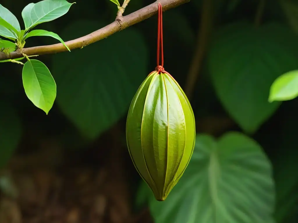 Detalle impresionante de una vaina de cacao madura en su árbol