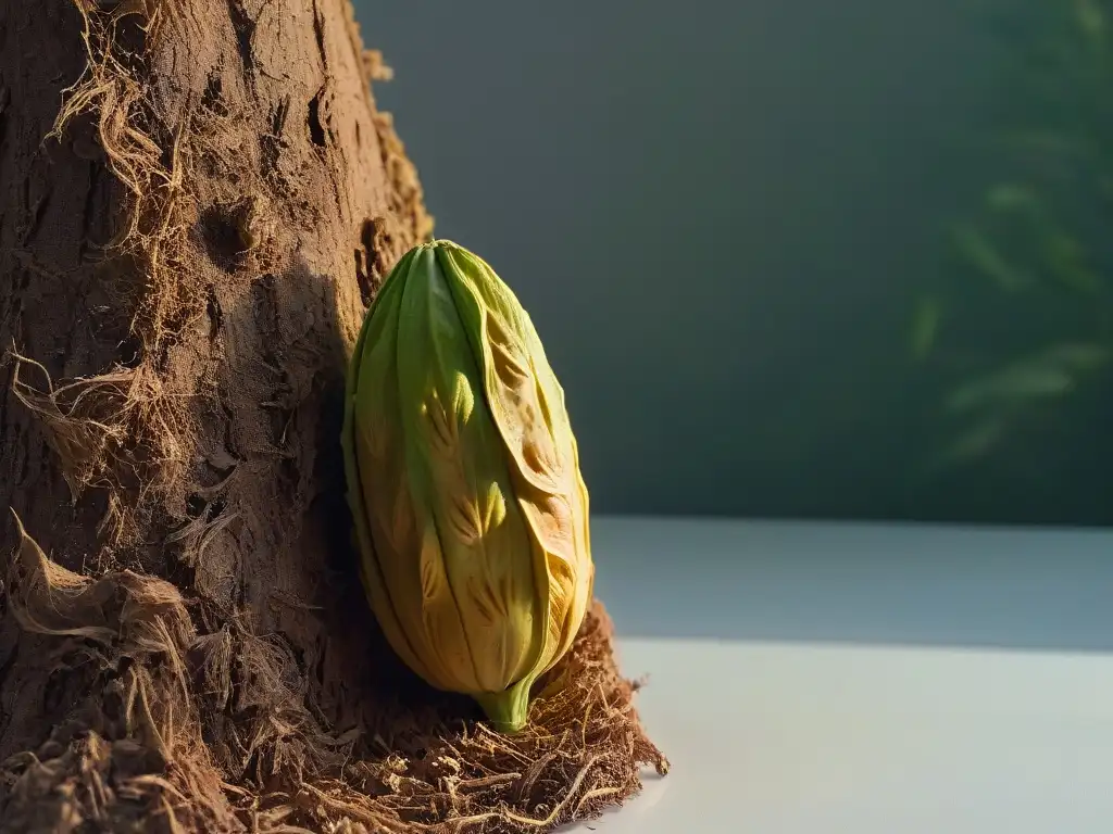 Detalle impresionante de una vaina de cacao, resaltando su textura bajo luz natural, evocando los beneficios de la manteca de cacao