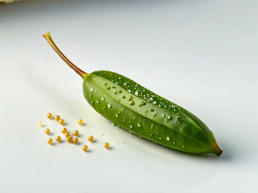 Semillas de vainilla en detalle: belleza y delicadeza Detalle impresionante de una vaina de vainilla abierta, mostrando sus semillas brillantes