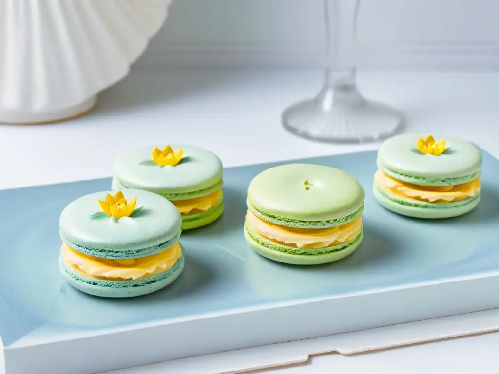 Detalle impresionista de un macaron pastel con acabado brillante y detalles tipo pinceladas, iluminado naturalmente