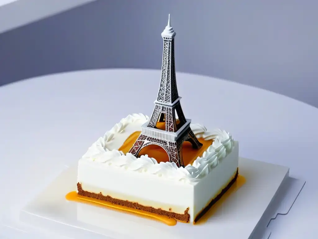 Detalle de impresora 3D blanca creando postre Eiffel Tower en casa con diseño minucioso