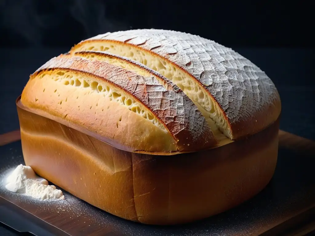 Detalle increíble del pan de masa madre, resaltando sus patrones y texturas, con harina y fondo negro