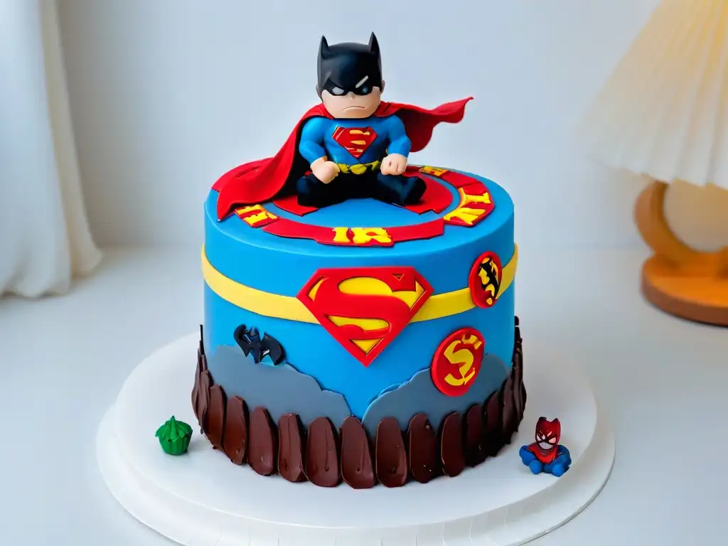 Tarta de superhéroes: obra maestra en fondant vibrante Detalle increíble de pastel temático de superhéroes con diseño creativo y colorido