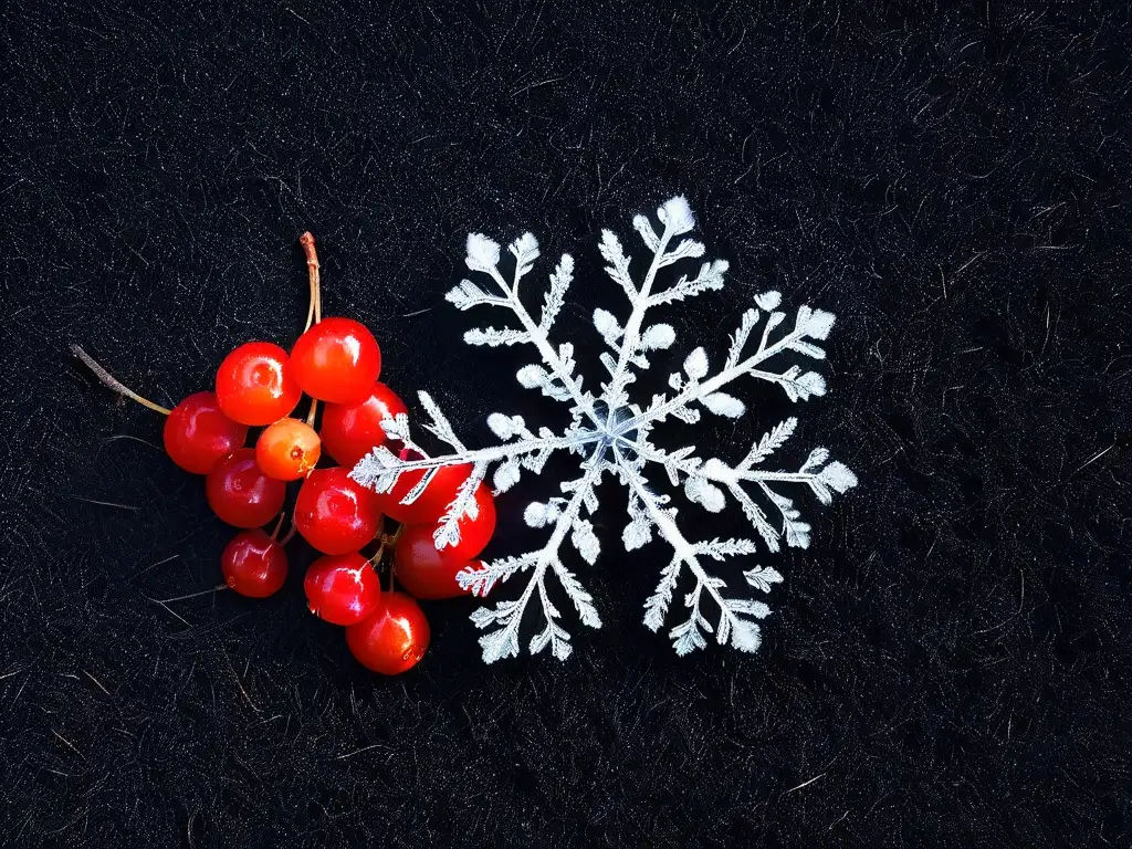 Detalle invernal: copo de nieve sobre baya roja en fondo blanco