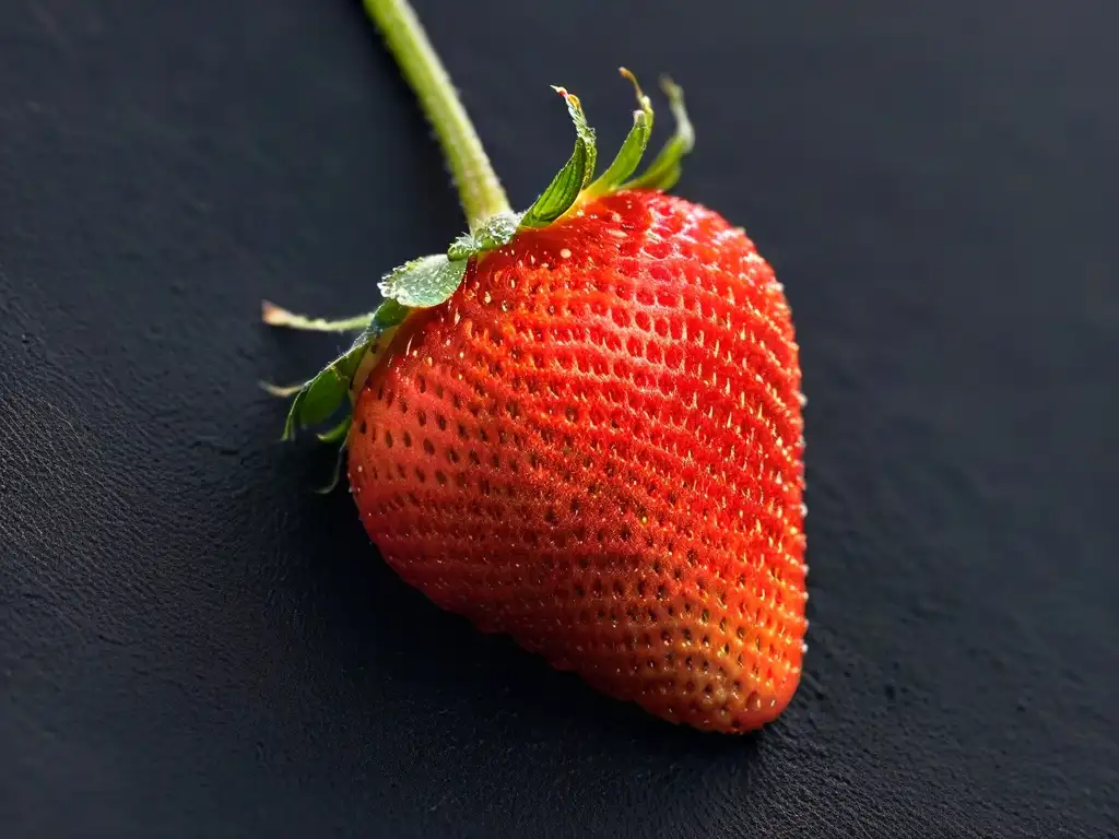 Detalle de una jugosa fresa roja con gotas de agua, sobre fondo negro