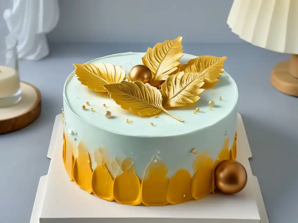 Detalle lujoso: hoja de oro comestible en repostería, resaltando elegancia y sofisticación del arte culinario