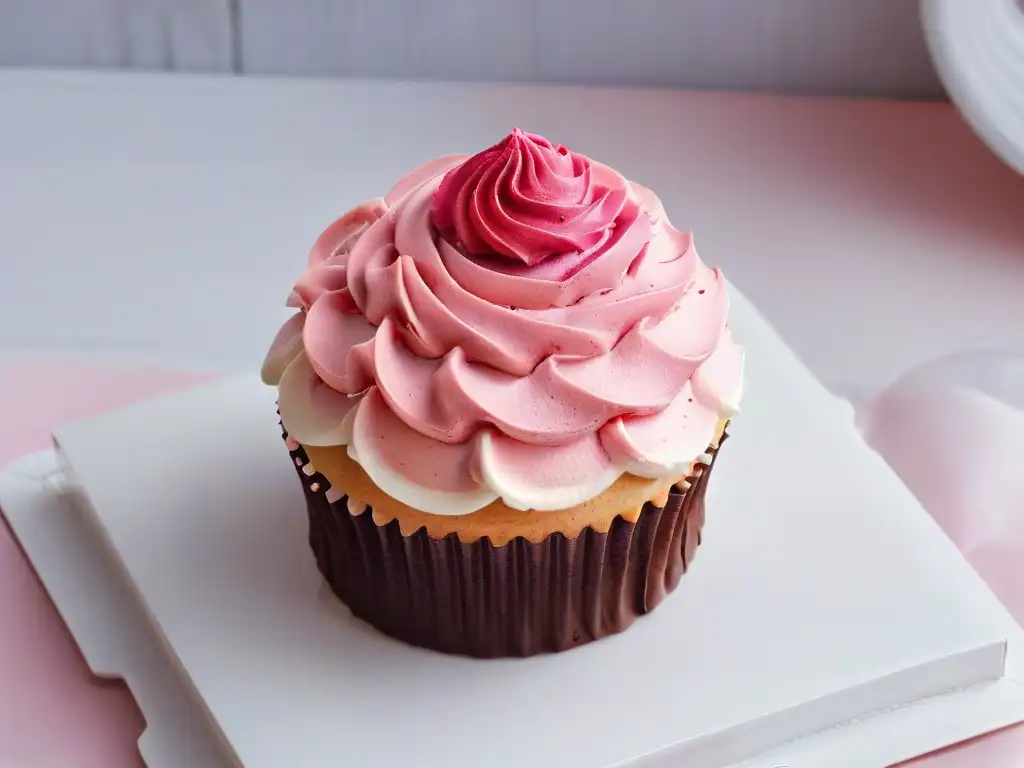 Detalle de manga pastelera decorando cupcakes en taller