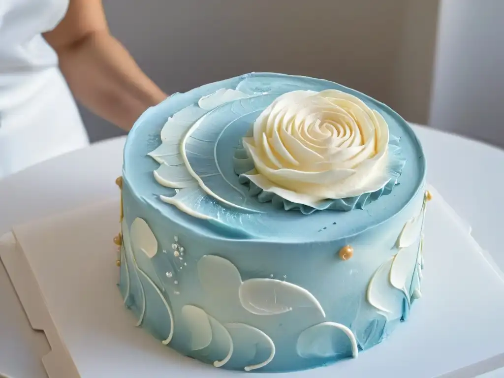 Detalle de mangas pasteleras reutilizables sostenibles en acción, decorando una exquisita tarta con glaseado de colores pastel