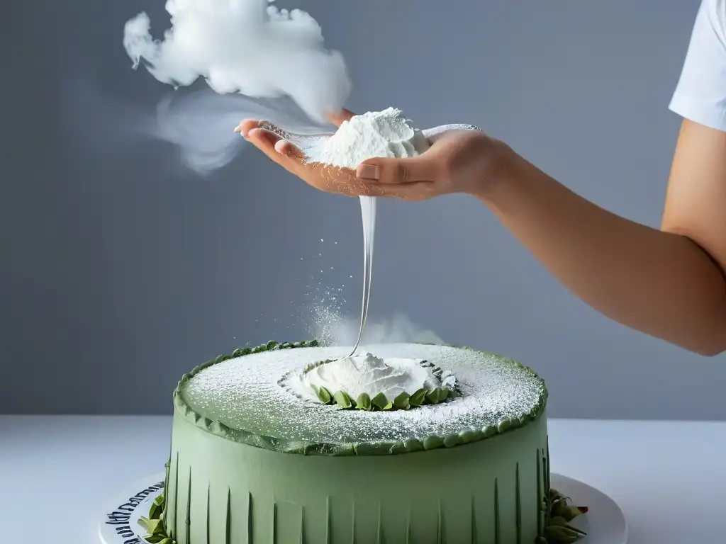 Detalle de una mano sosteniendo un batidor en el aire, rodeada de una nube de harina, evocando la técnica de batido para bizcochos