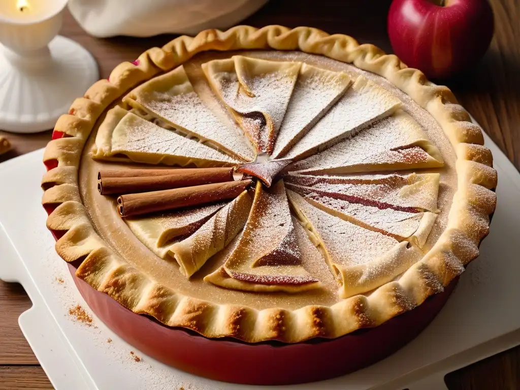 Detalle de mano espolvoreando canela sobre una tarta de manzana antes de hornearla, resaltando las técnicas de fusión de sabores