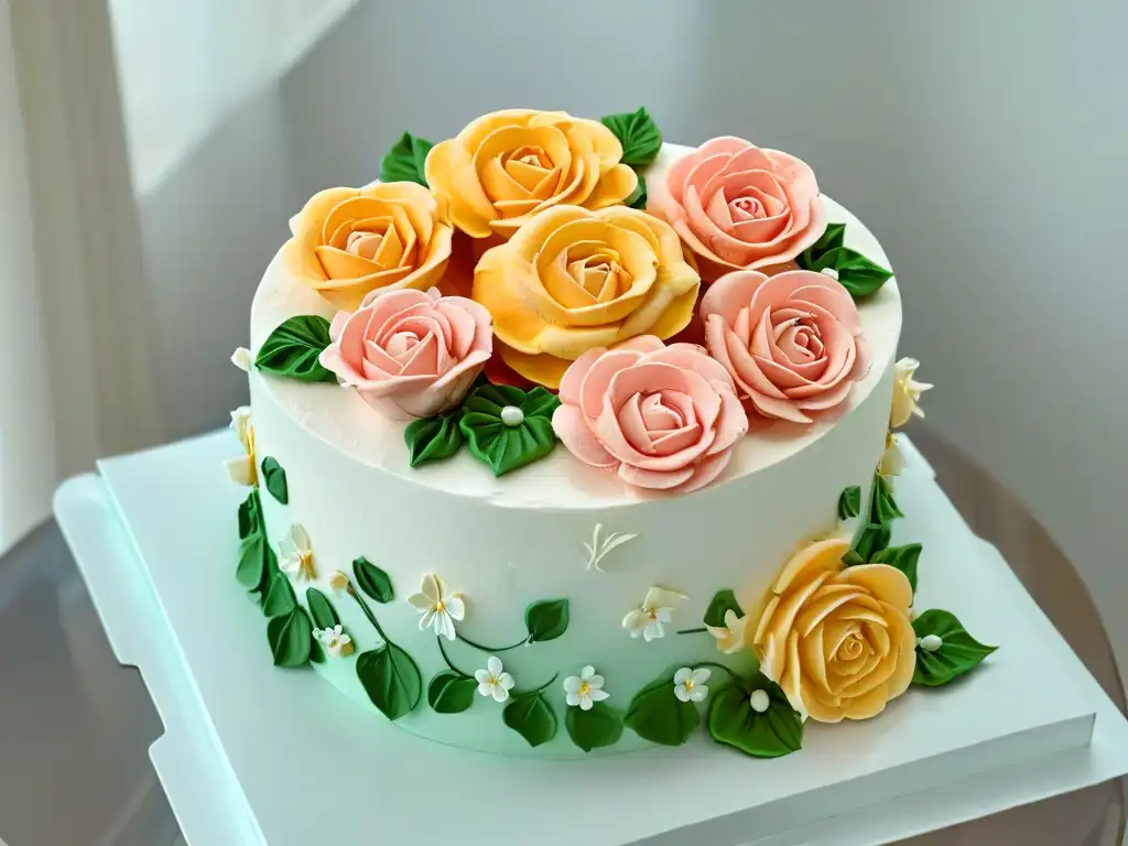 Detalle de una mano modelando delicadas rosas de fondant en un pastel horneado con trucos de repostería una mano