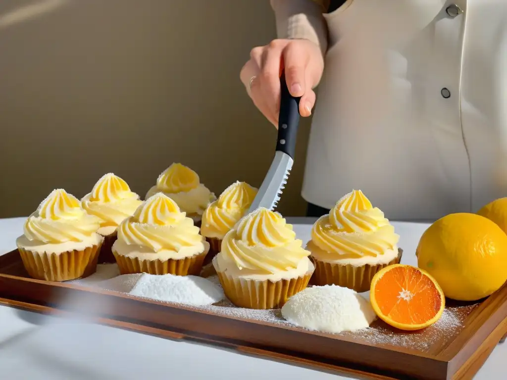 Detalle 8k: mano rallando piel de naranja sobre cupcakes de limón con zester