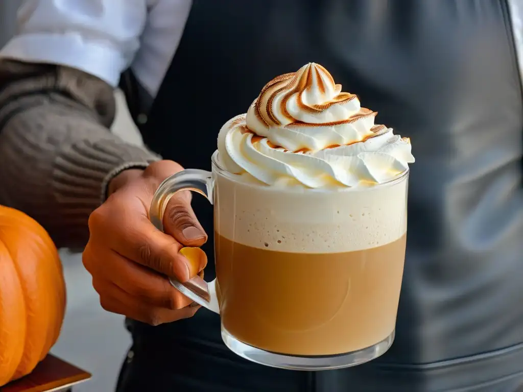 Detalle de una mano sosteniendo un Pumpkin Spice Latte casero con crema batida y especias, en vaso transparente