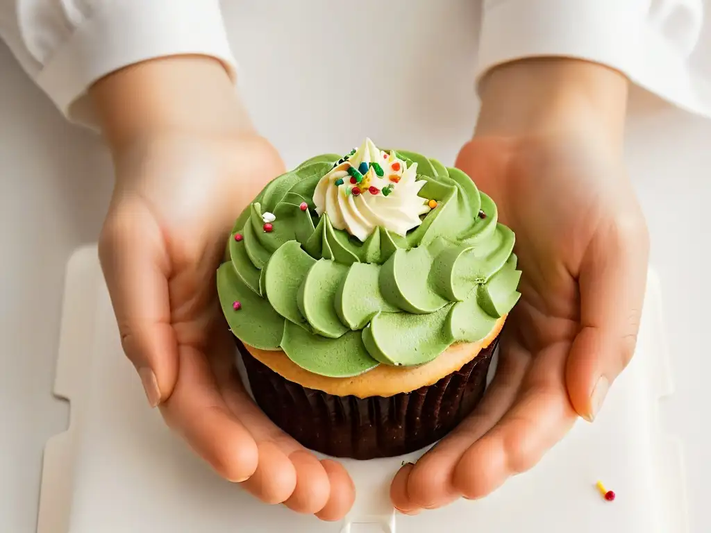 Detalle de manos expertas sosteniendo un cupcake decorado, resaltando la importancia del Comercio Justo en repostería