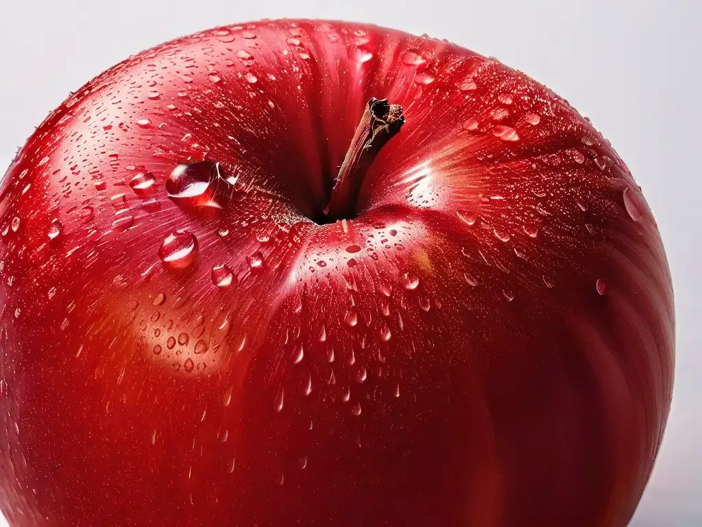 Detalle de manzana roja brillante con gotas de agua, evocando frescura