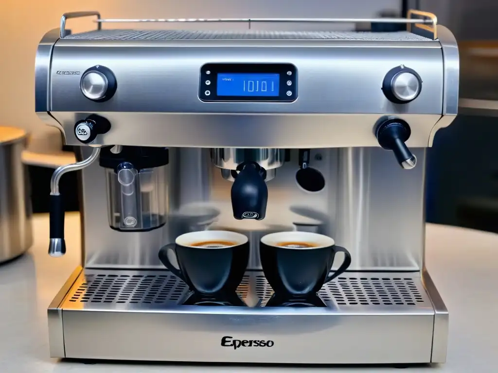 Detalle de máquina de café espresso en cocina de lujo con vapor creando un remolino, Máquinas café espresso postres gourmet